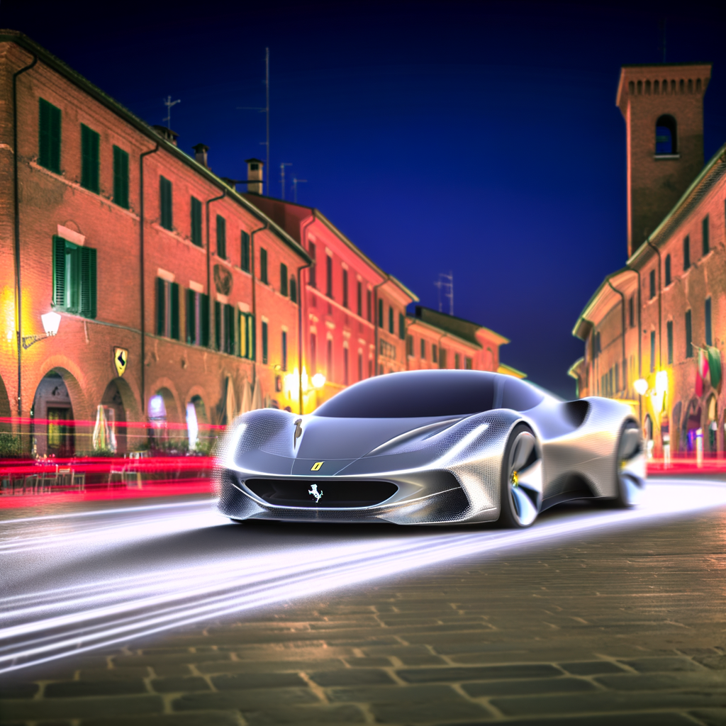 Futuristic Ferrari hybrid speeding through Maranello.