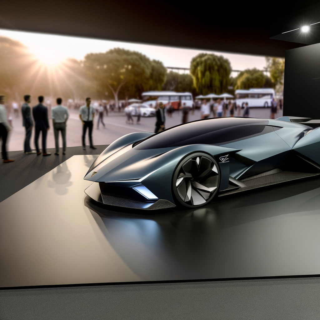 Futuristic Lamborghini hybrid supercar on display.