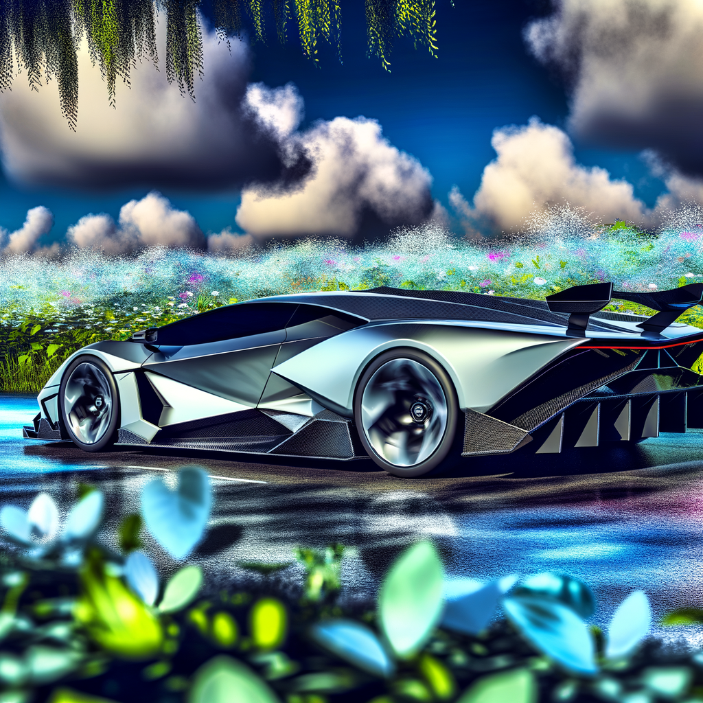 Futuristic Lamborghini supercar in lush landscape.