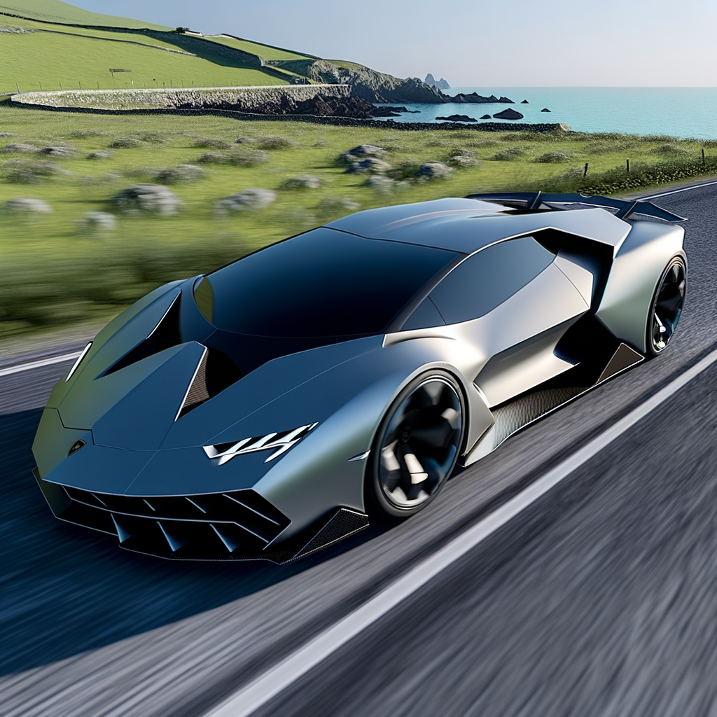 Futuristic Lamborghini supercar on scenic road.