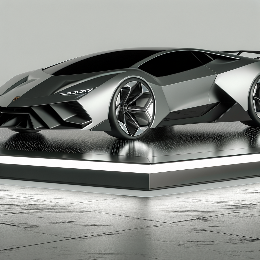 Futuristic Lamborghini supercar on sleek display.