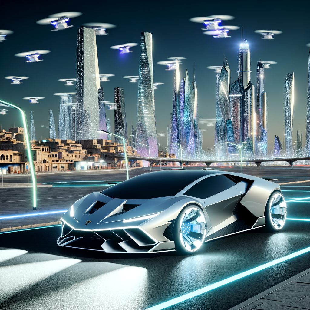 Lamborghini hybrid supercar amidst futuristic cityscape.