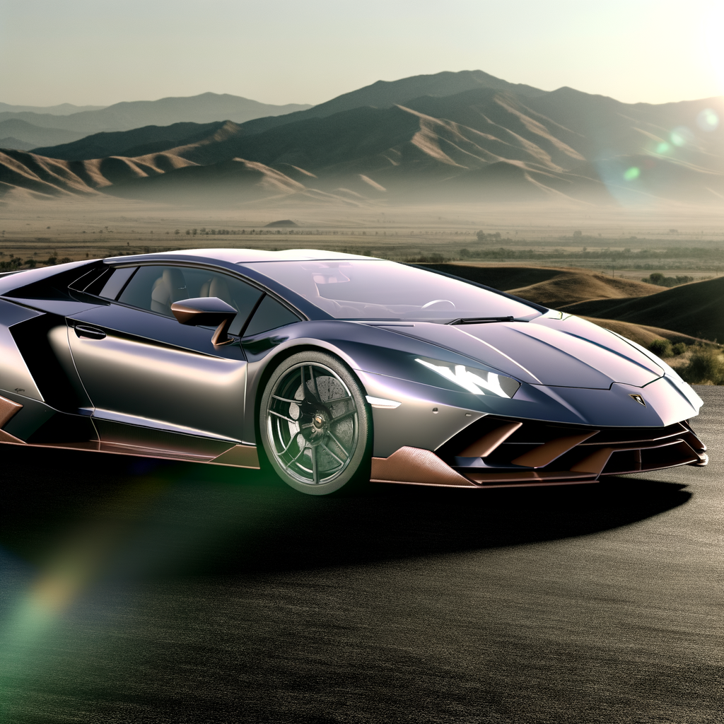 Lamborghini supercar glistening on scenic road.
