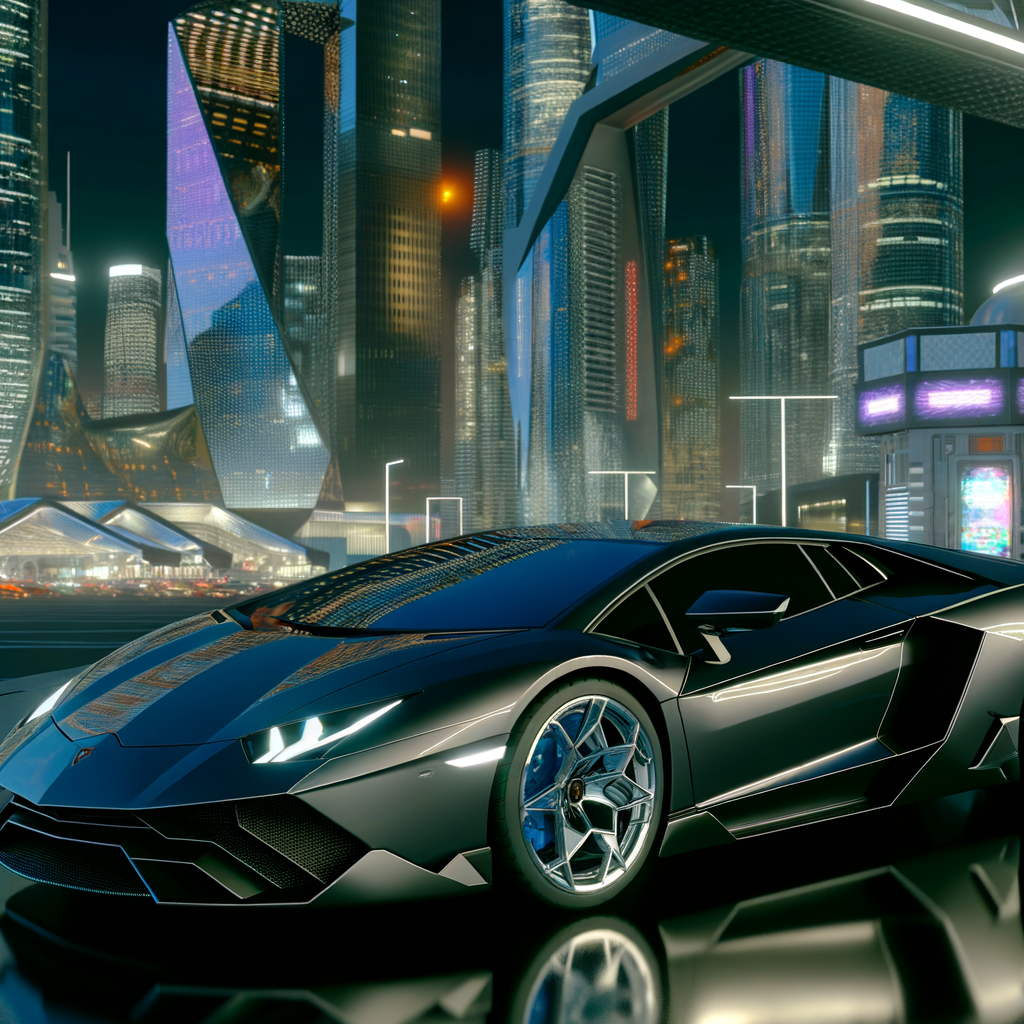 Lamborghini supercar in futuristic urban setting.