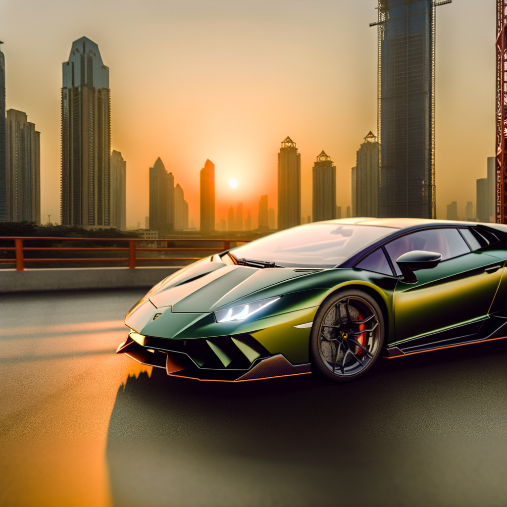 Lamborghini supercar in vibrant cityscape sunset.