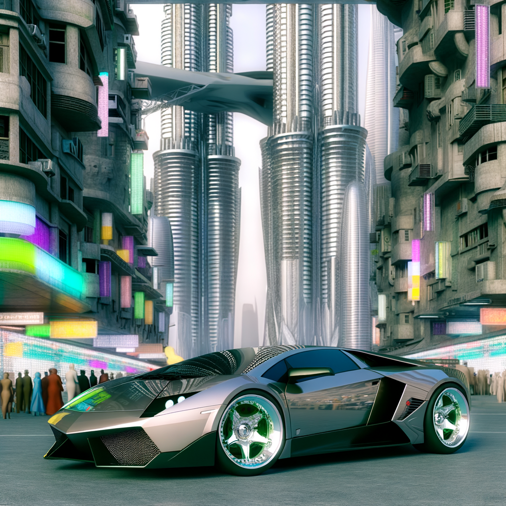Lamborghini supercar on futuristic city street.