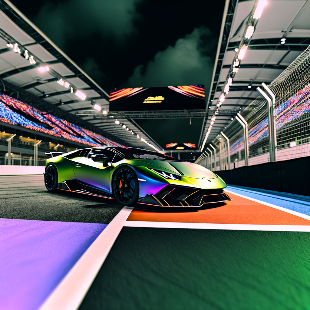 Lamborghini supercar on sleek, modern racetrack.