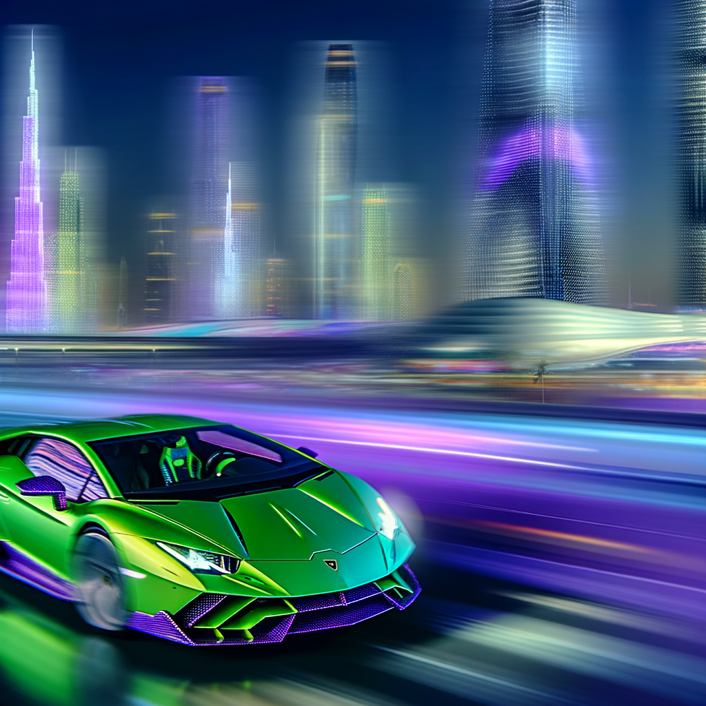 Lamborghini supercar speeding through futuristic cityscape.
