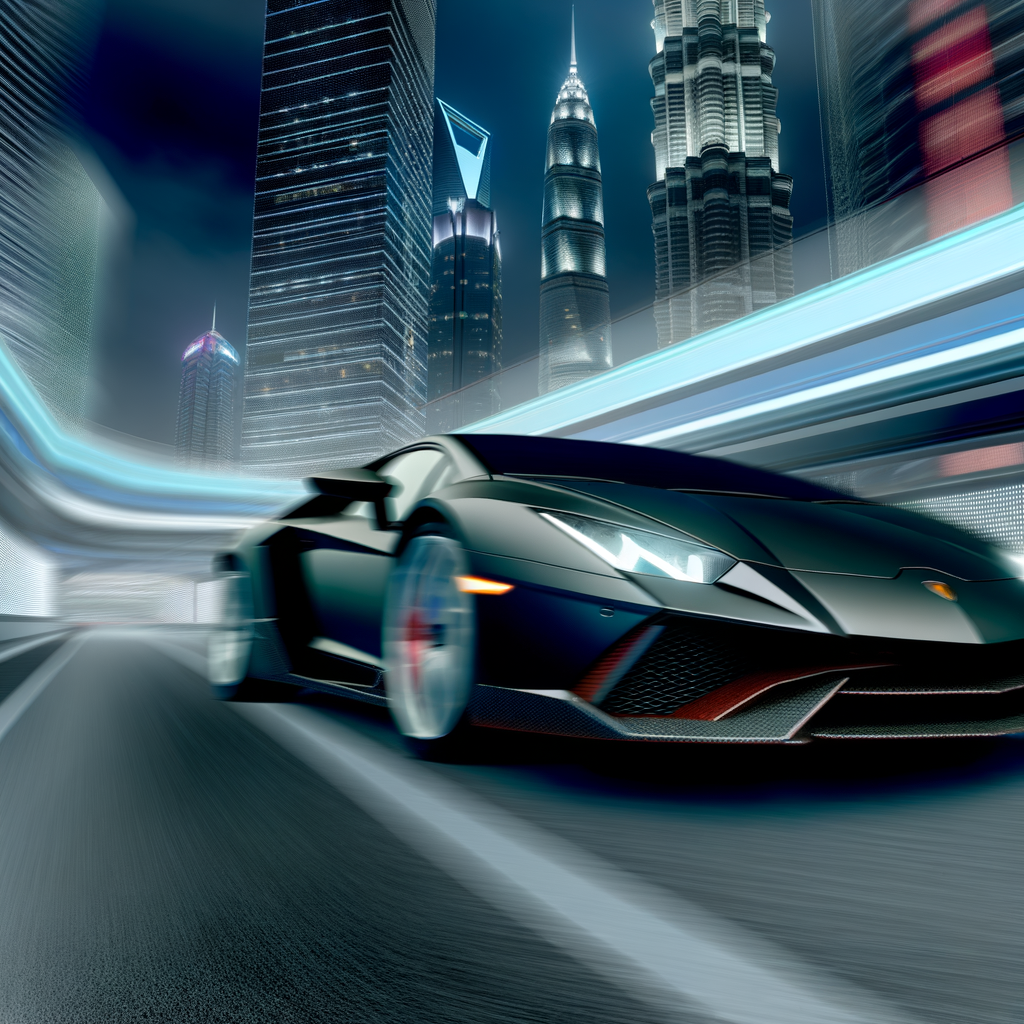 Lamborghini supercar speeding through futuristic cityscape.