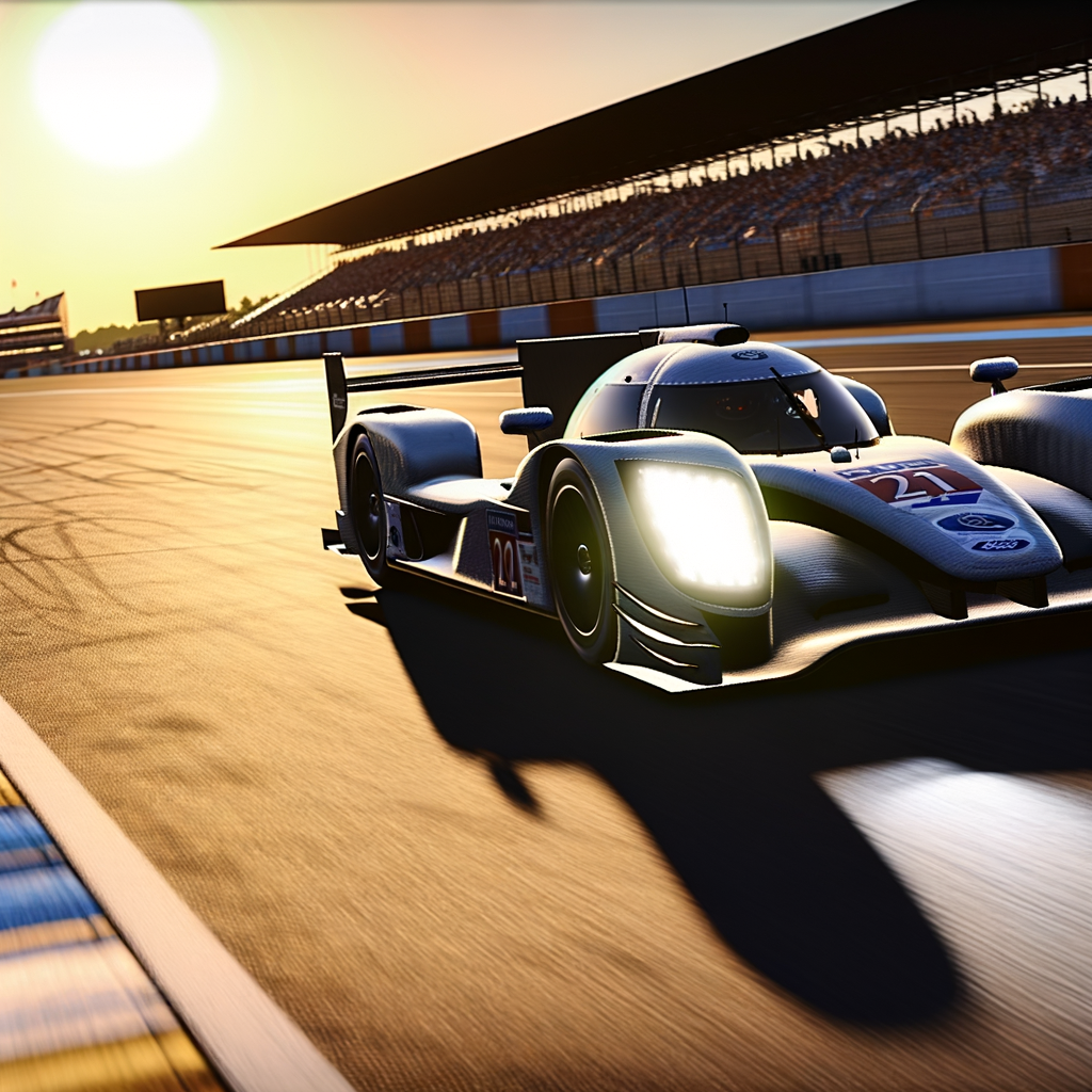 Le Mans race car speeding at dusk.