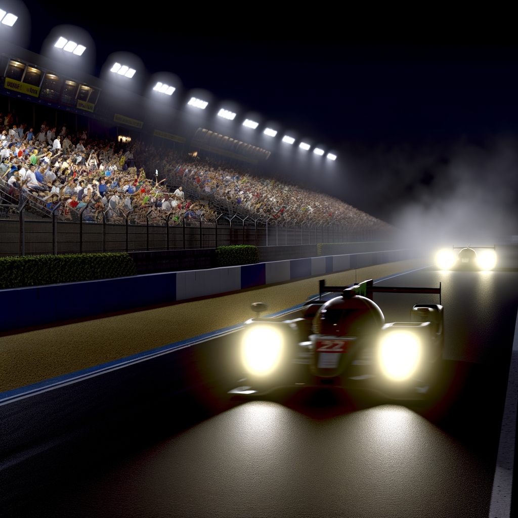 Nighttime Le Mans race with blazing headlights.