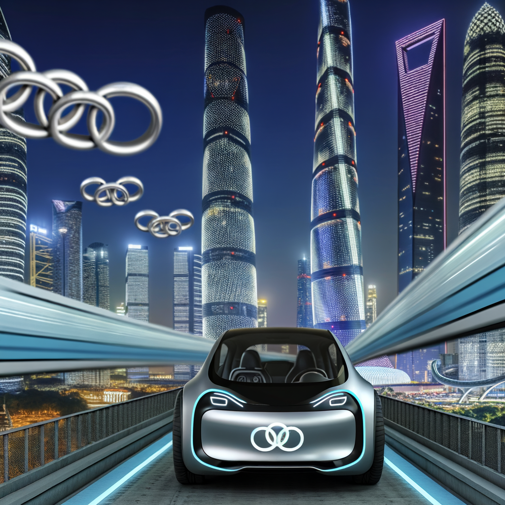 Sleek Audi electric car amidst futuristic cityscape.