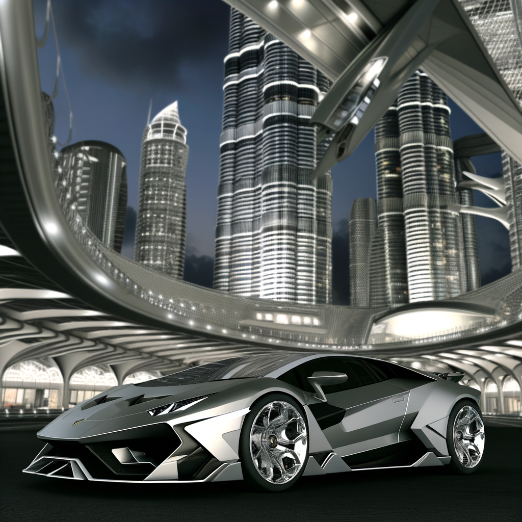 Sleek Lamborghini supercar amidst futuristic cityscape.