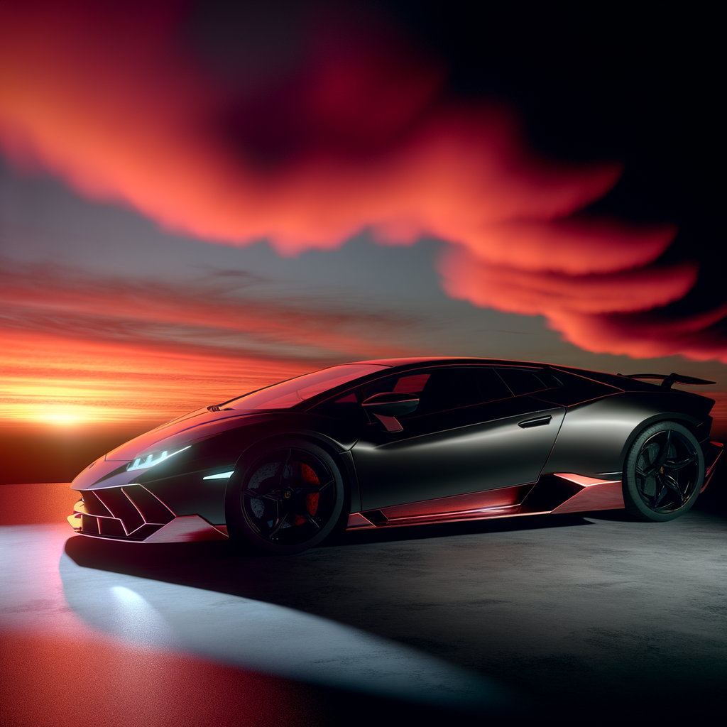 Sleek Lamborghini supercar beneath vibrant sunset.