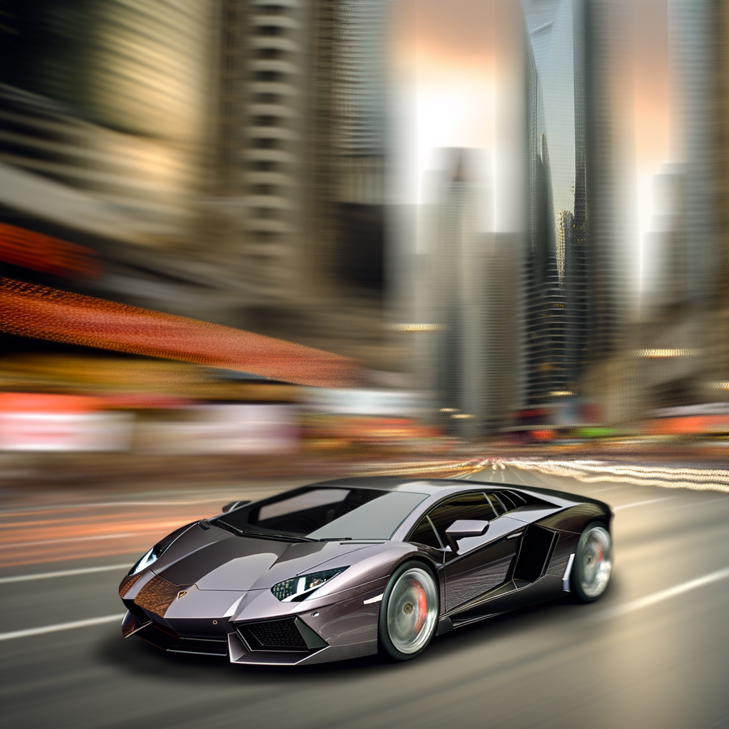 Sleek Lamborghini supercar gliding through cityscape.