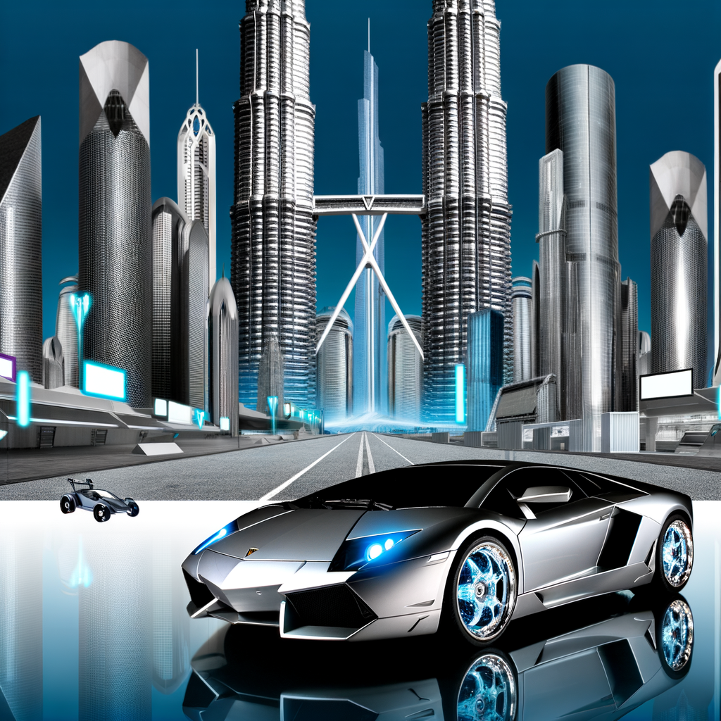 Sleek Lamborghini supercar in futuristic cityscape.
