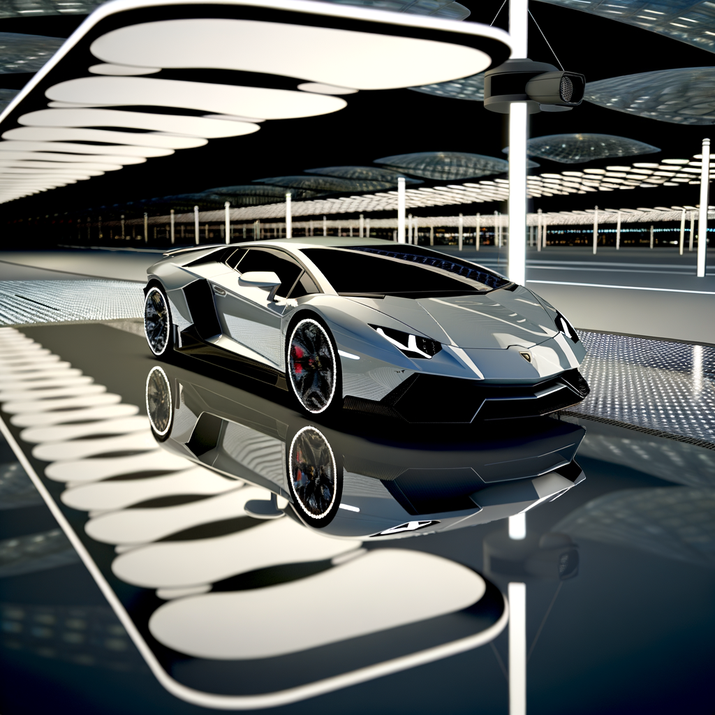 Sleek Lamborghini supercar on futuristic road.