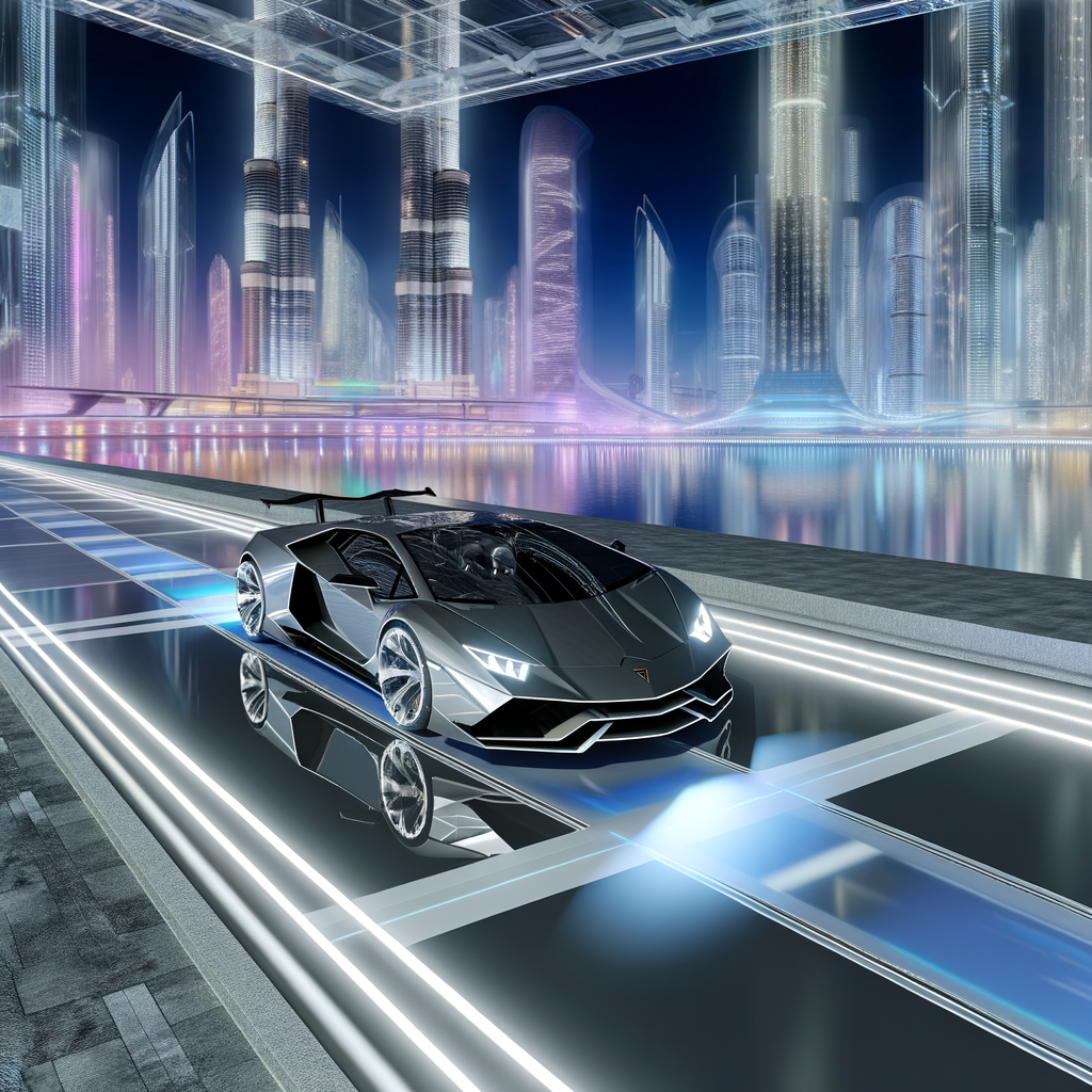 Sleek Lamborghini supercar on futuristic road.