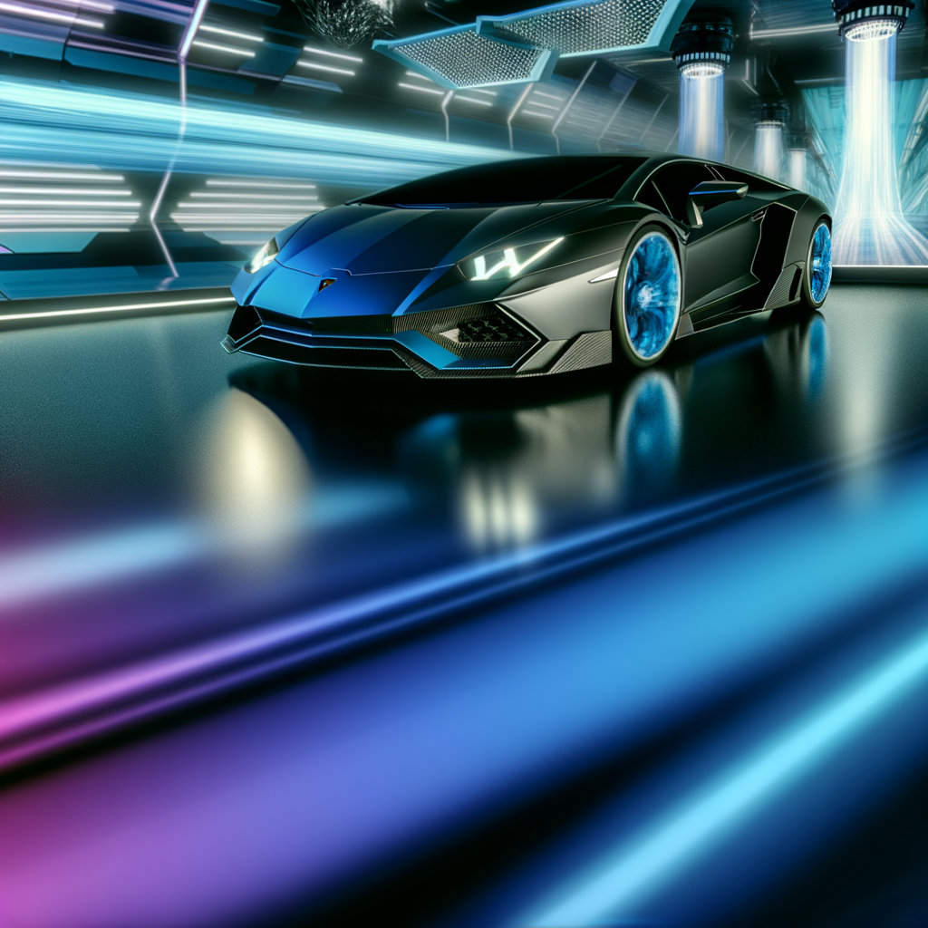 Sleek Lamborghini supercar on futuristic backdrop.