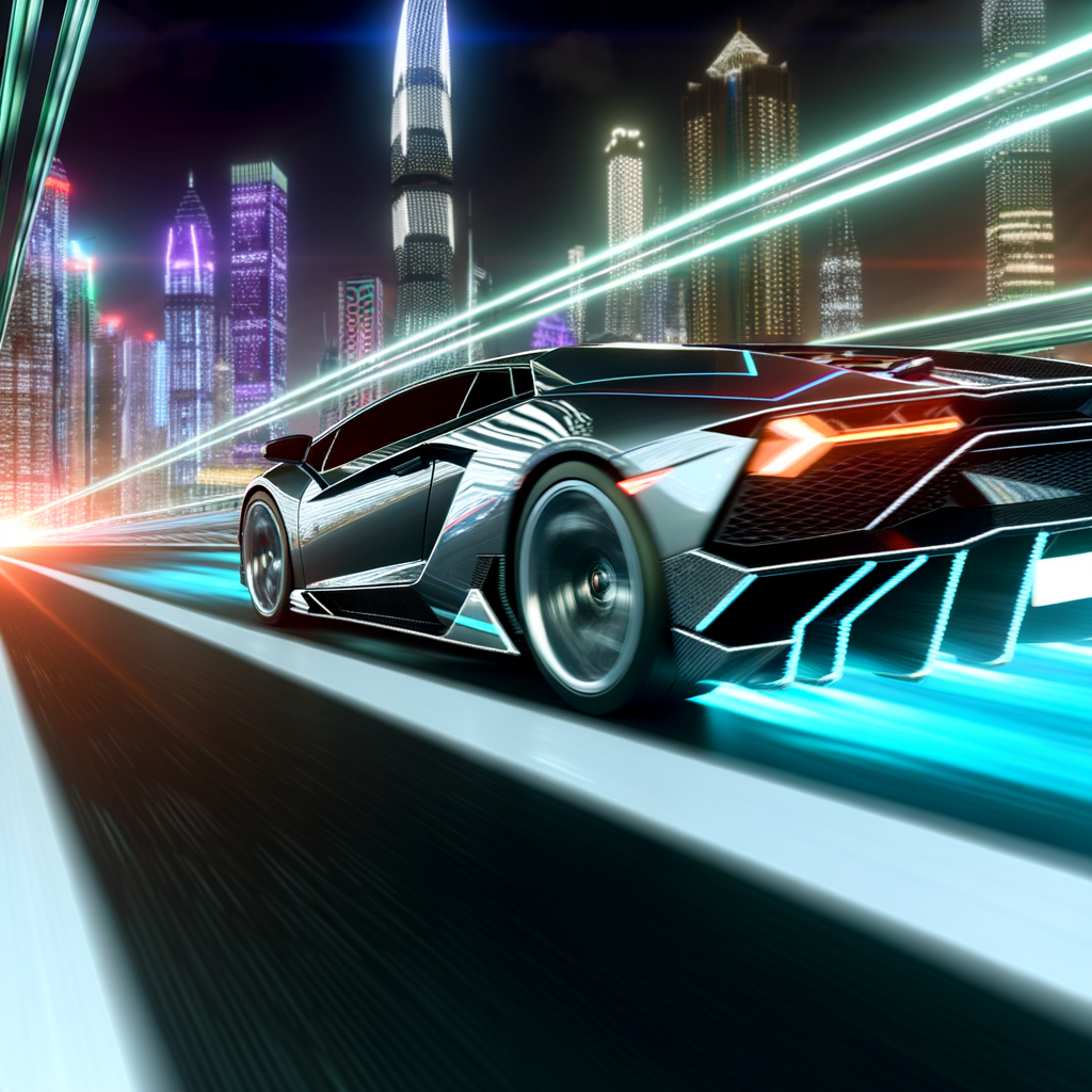 Sleek Lamborghini supercar on futuristic highway.