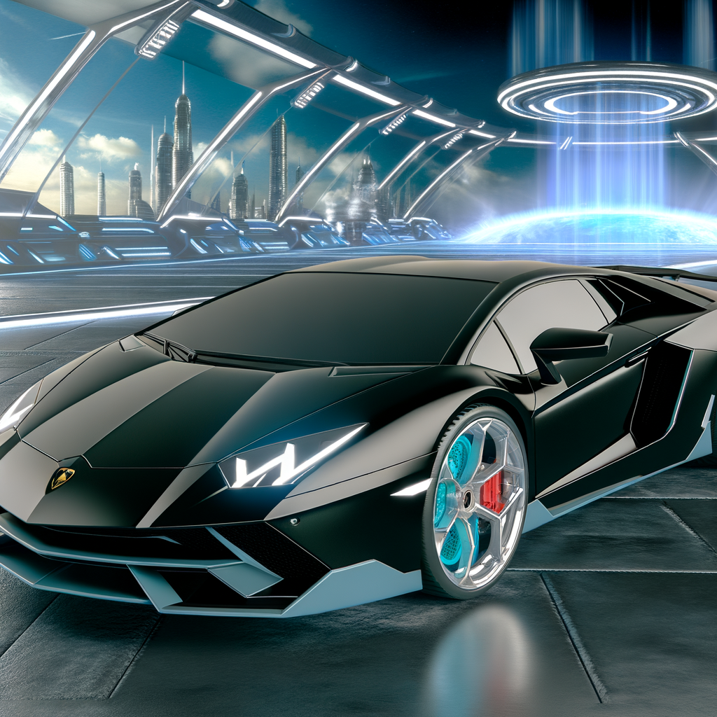 Sleek Lamborghini supercar on futuristic backdrop.