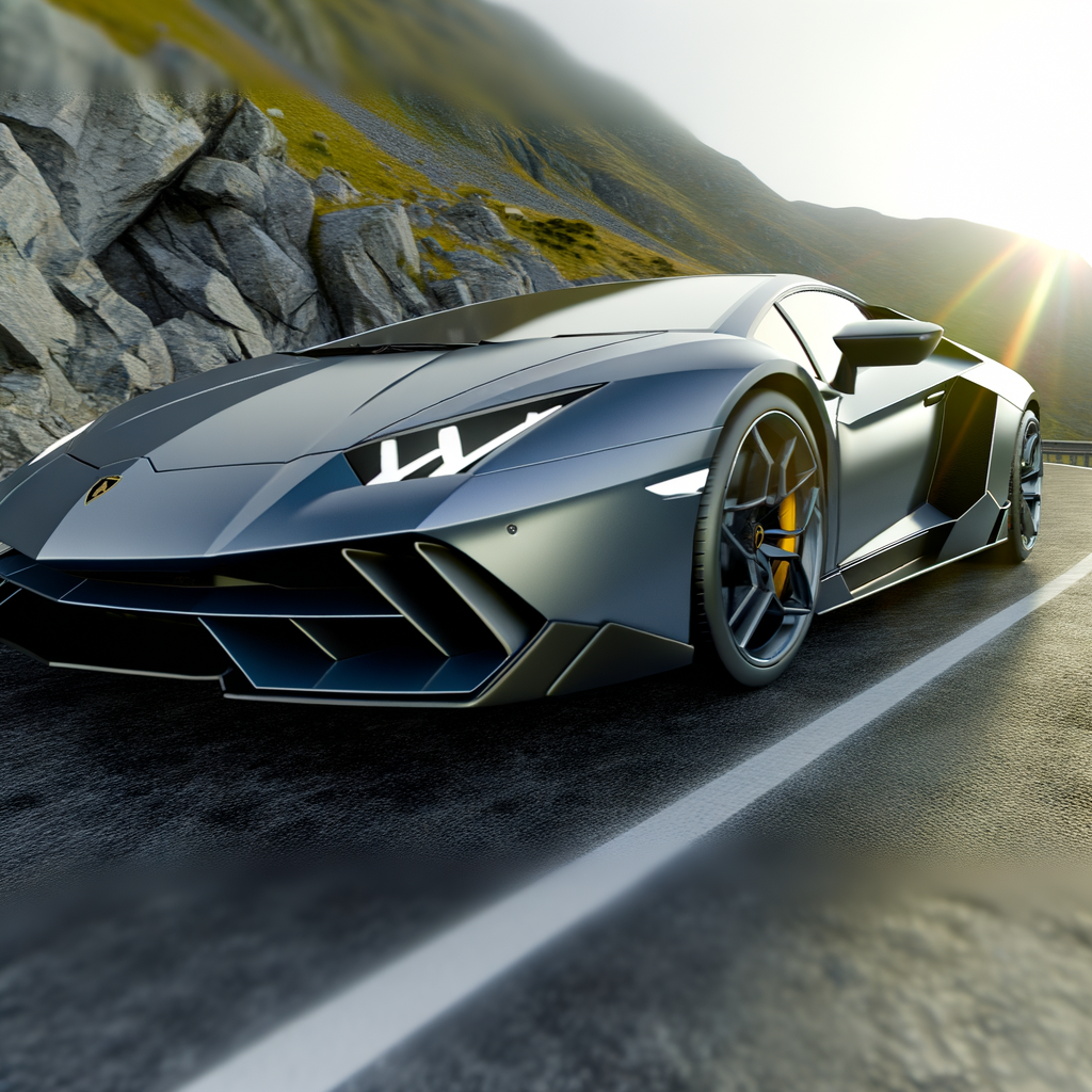 Sleek Lamborghini supercar on mountain road.