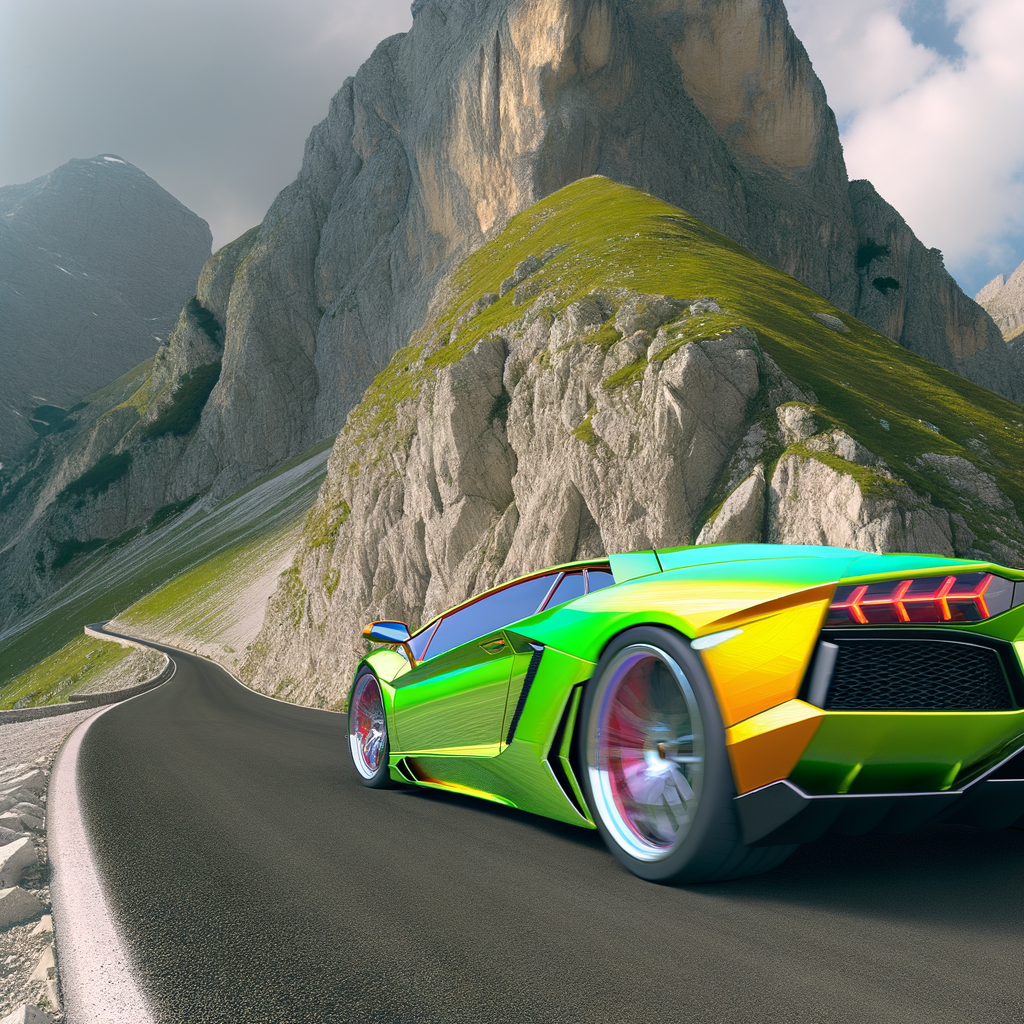 Sleek Lamborghini supercar on mountain road.