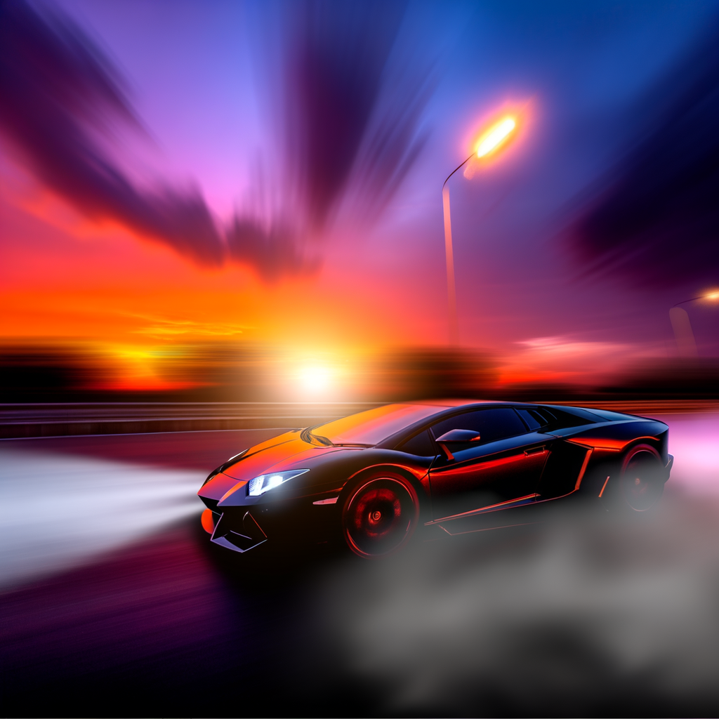 Sleek Lamborghini supercar speeding through sunset.