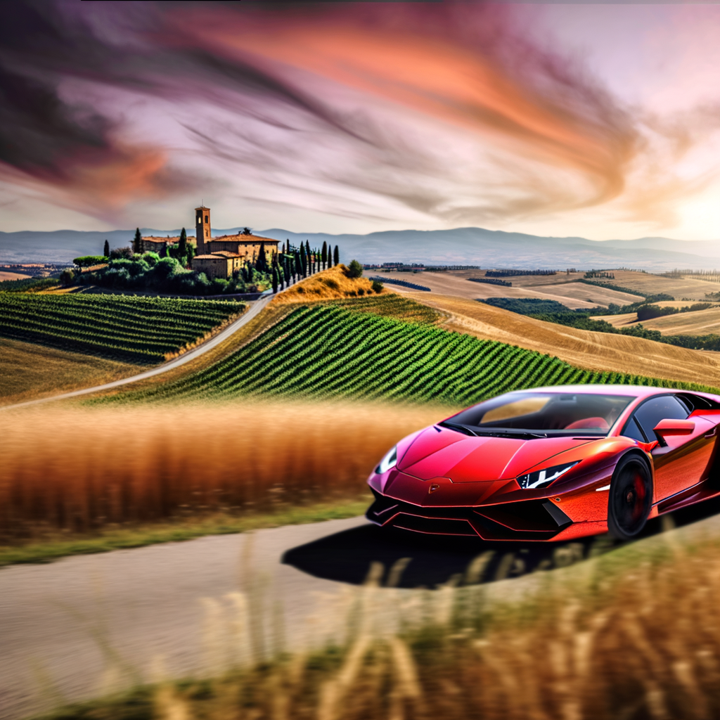 Sleek Lamborghini supercar speeding through Tuscany.