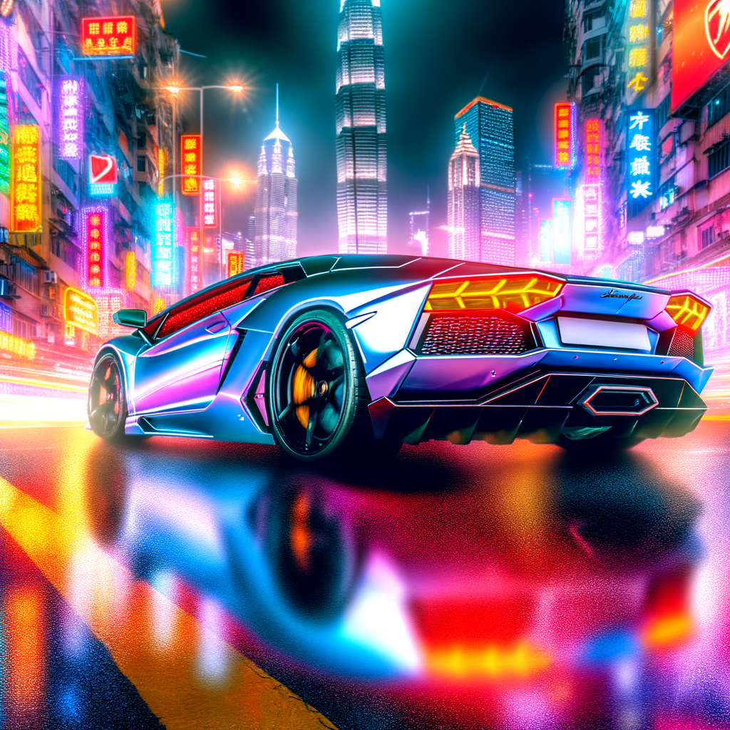 Sleek Lamborghini supercar under vibrant city lights.