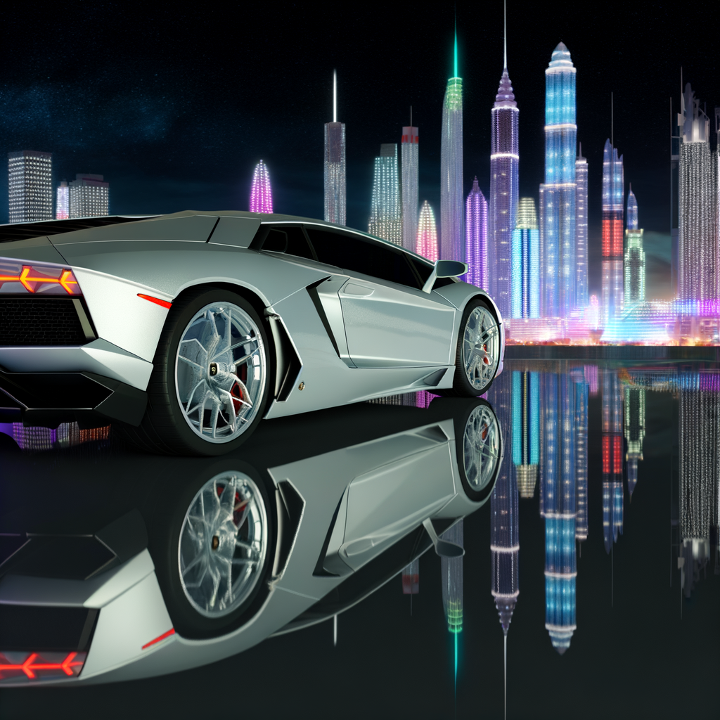 Sleek Lamborghini supercar with futuristic backdrop.