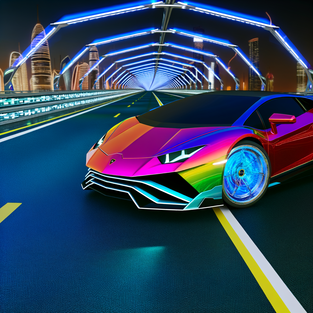 Vibrant Lamborghini supercar on futuristic highway.