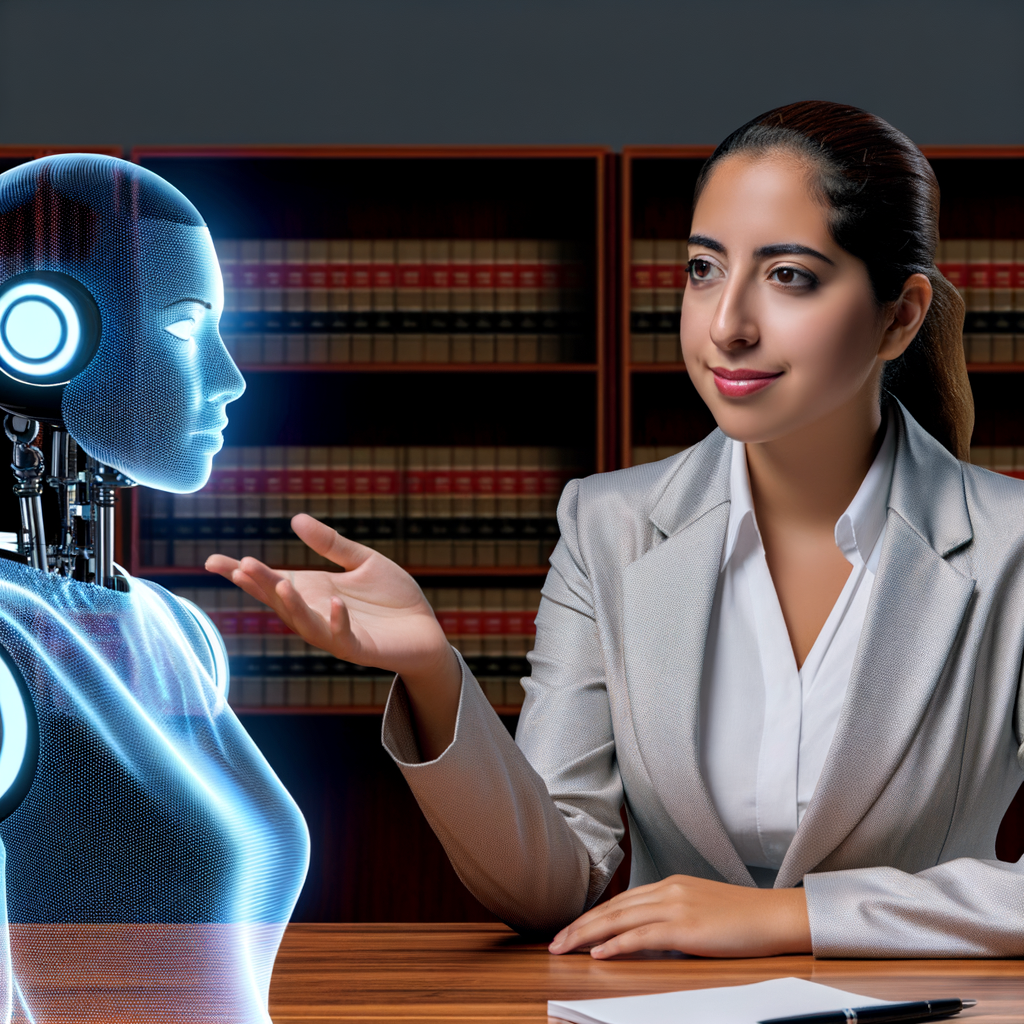 A confident employee consulting an AI lawyer.