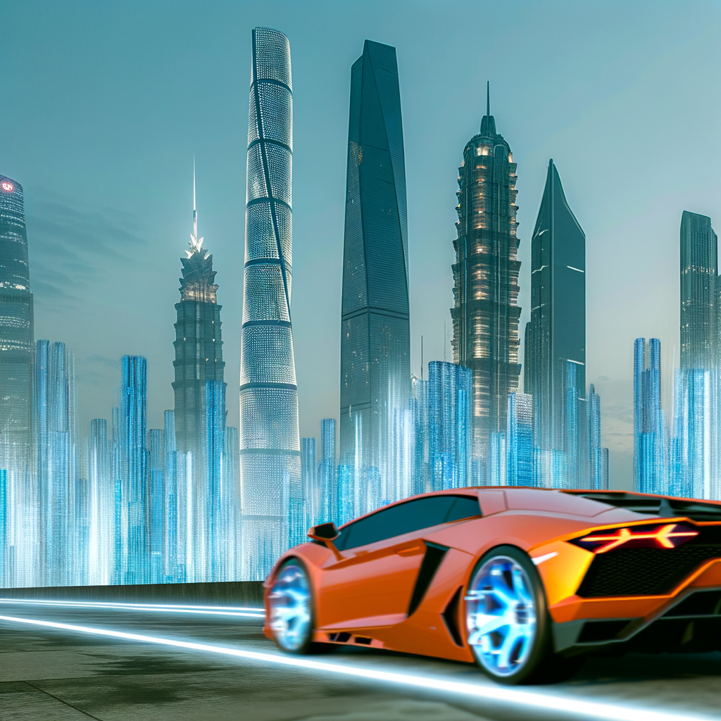 A sleek Lamborghini on futuristic cityscape.