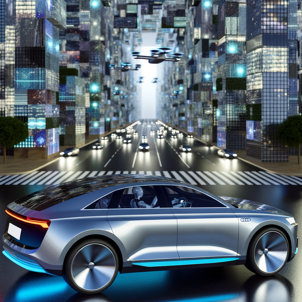 Audi AI car navigating futuristic cityscape.
