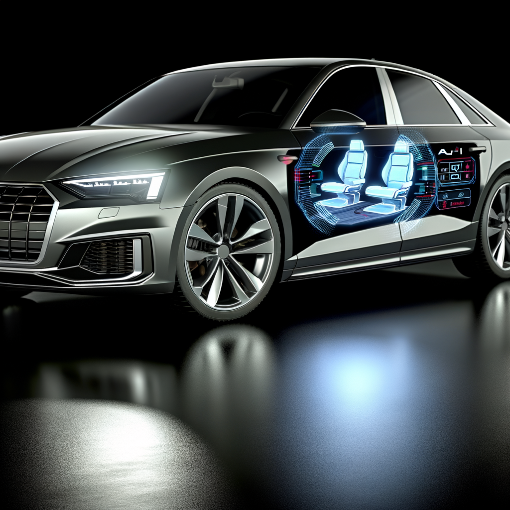 Audi car with futuristic AI dashboard display.