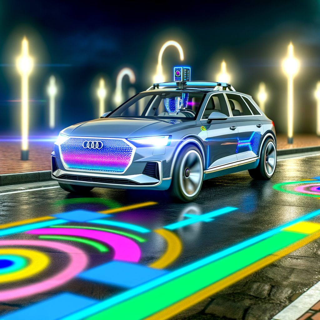 Audi's AI-driven car on futuristic road.