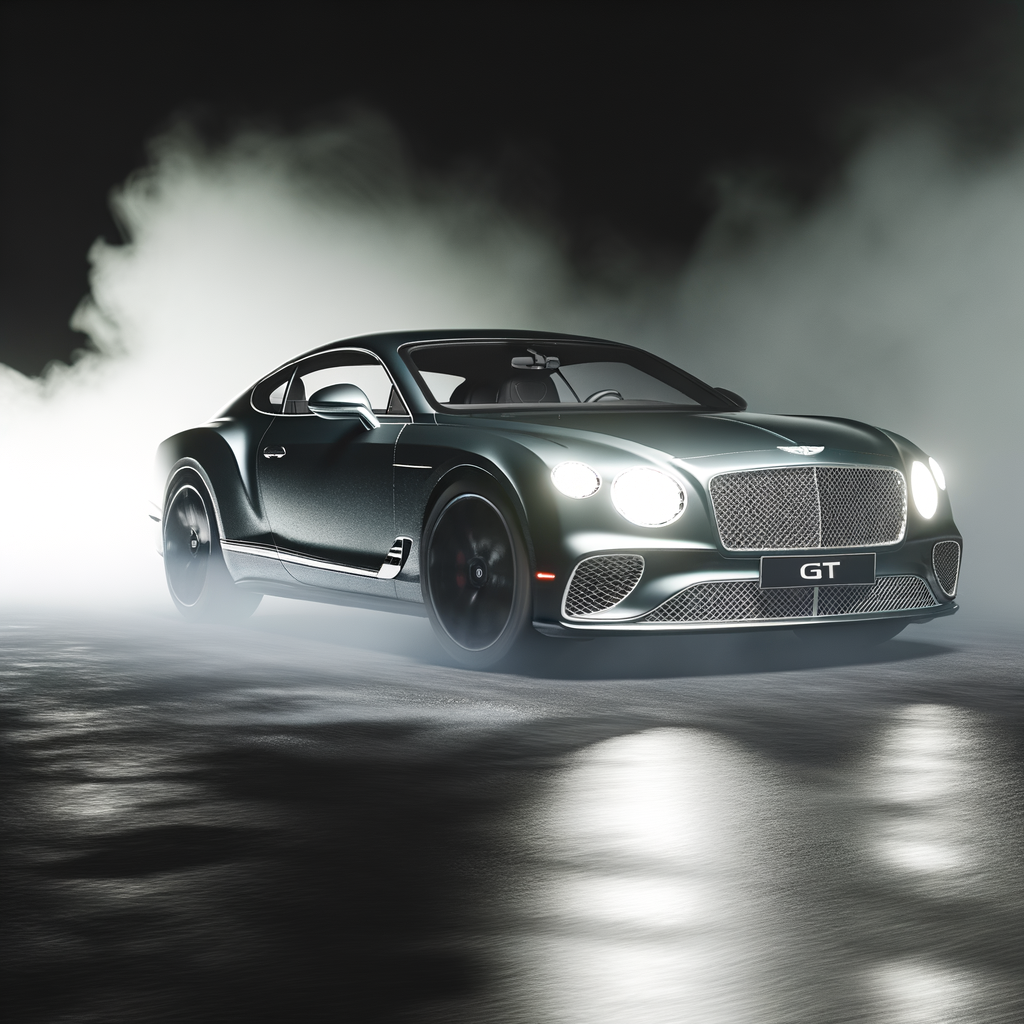 Bentley Continental GT cruising through mist.