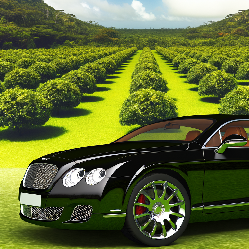 Bentley luxury car amidst lush green landscape.