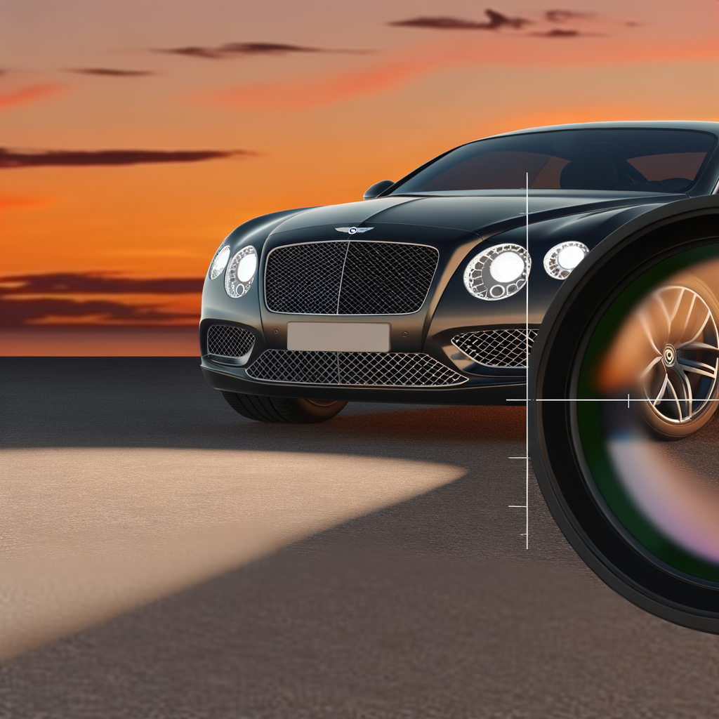 Bentley luxury car gleaming in sunset.