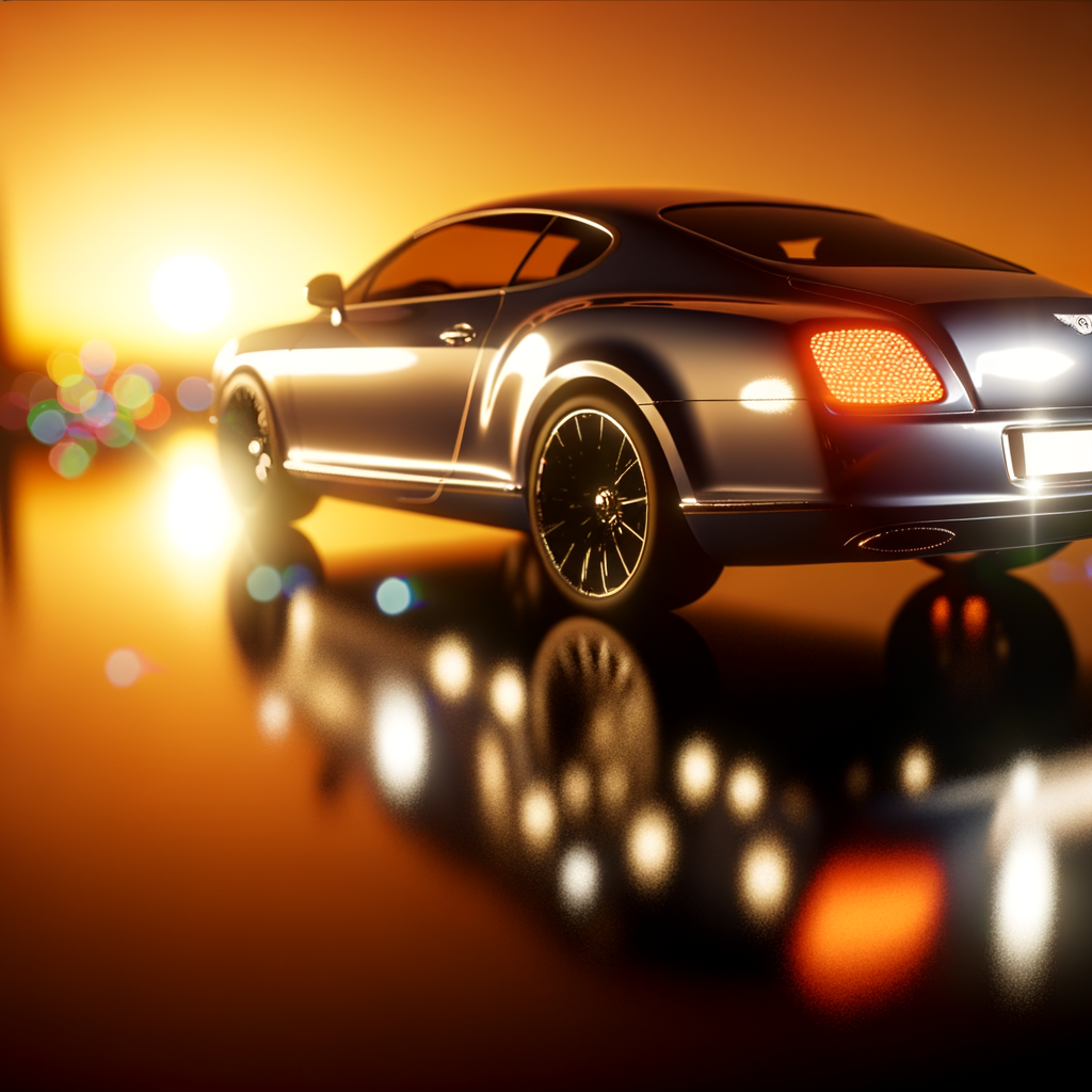 Bentley luxury car glistening in sunset.