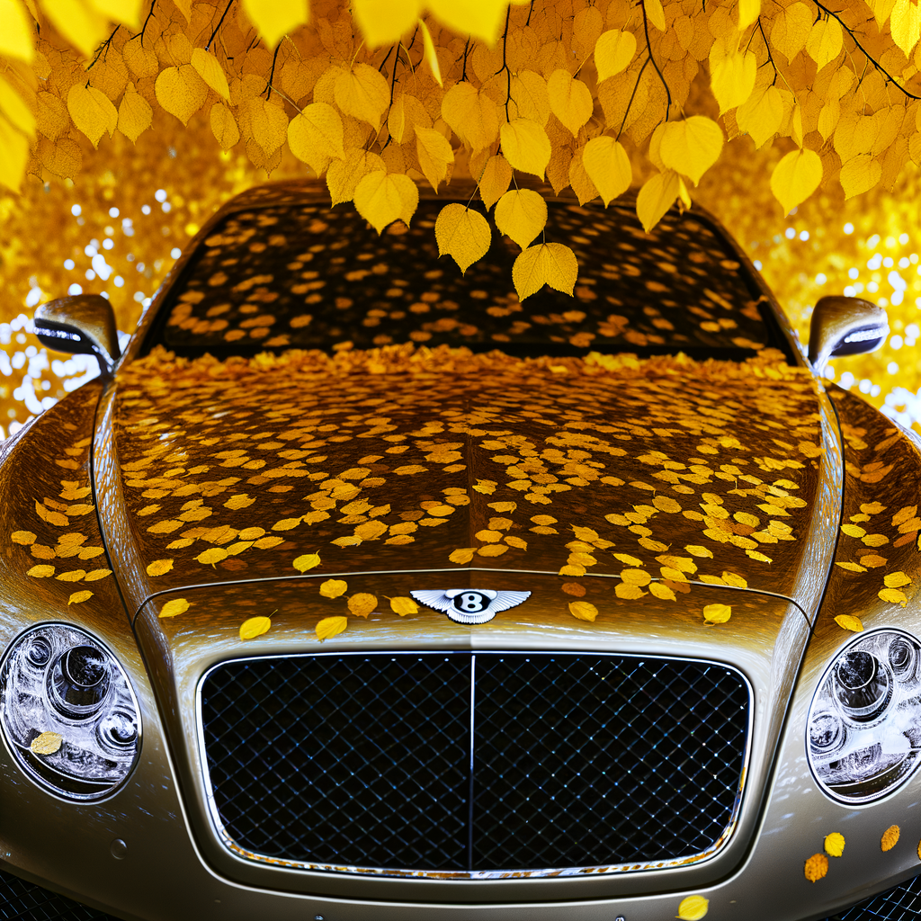 Bentley parked beneath golden autumn leaves.