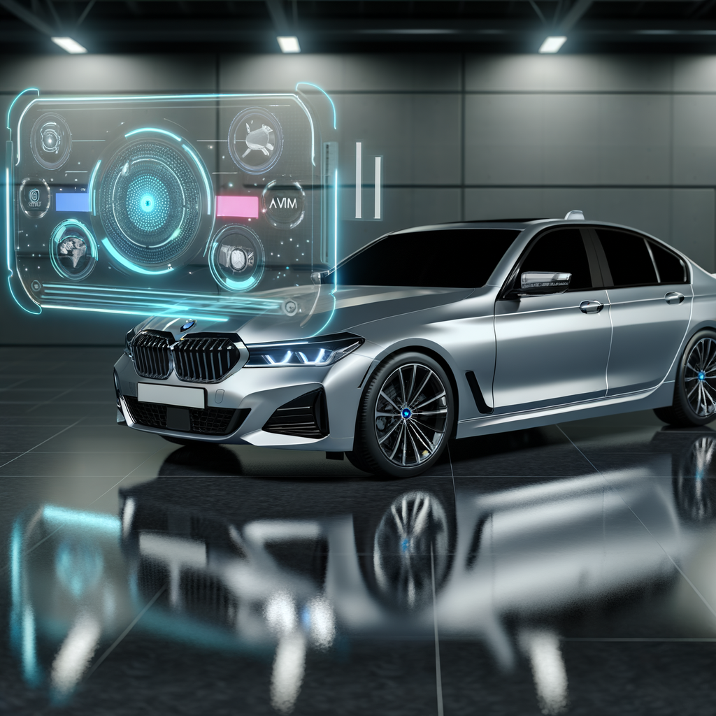 BMW car with futuristic AI interface display.