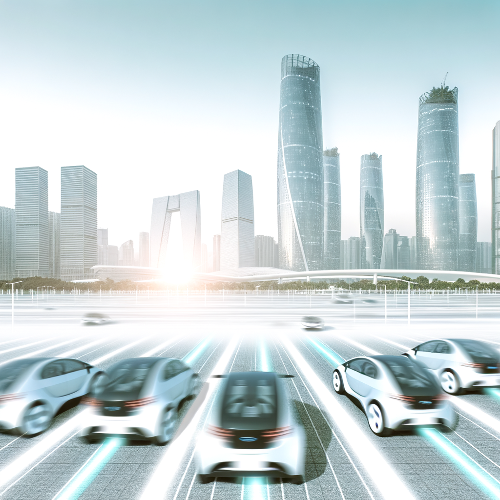 Electric cars leading futuristic city skyline.