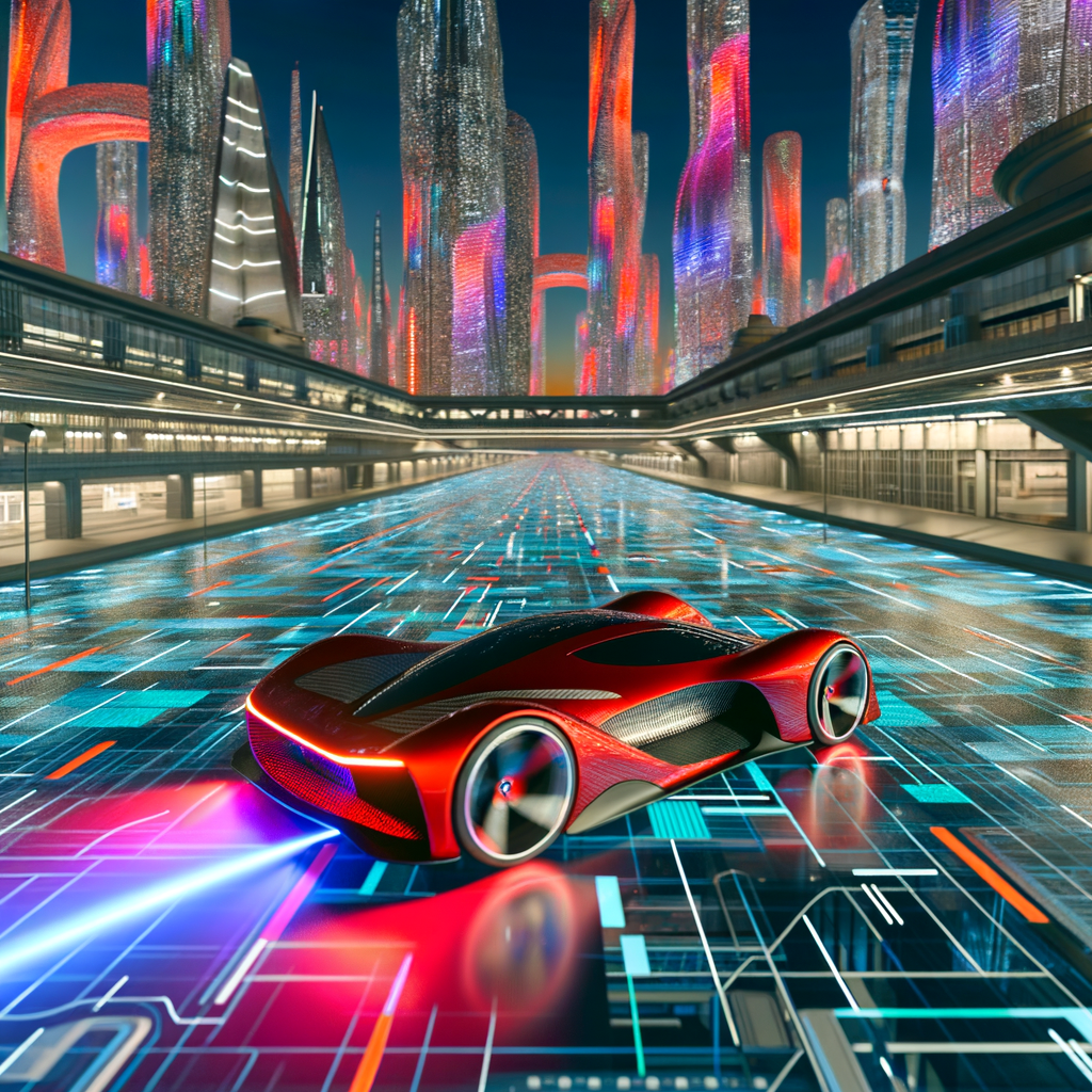 Ferrari hybrid supercar gliding through futuristic city.