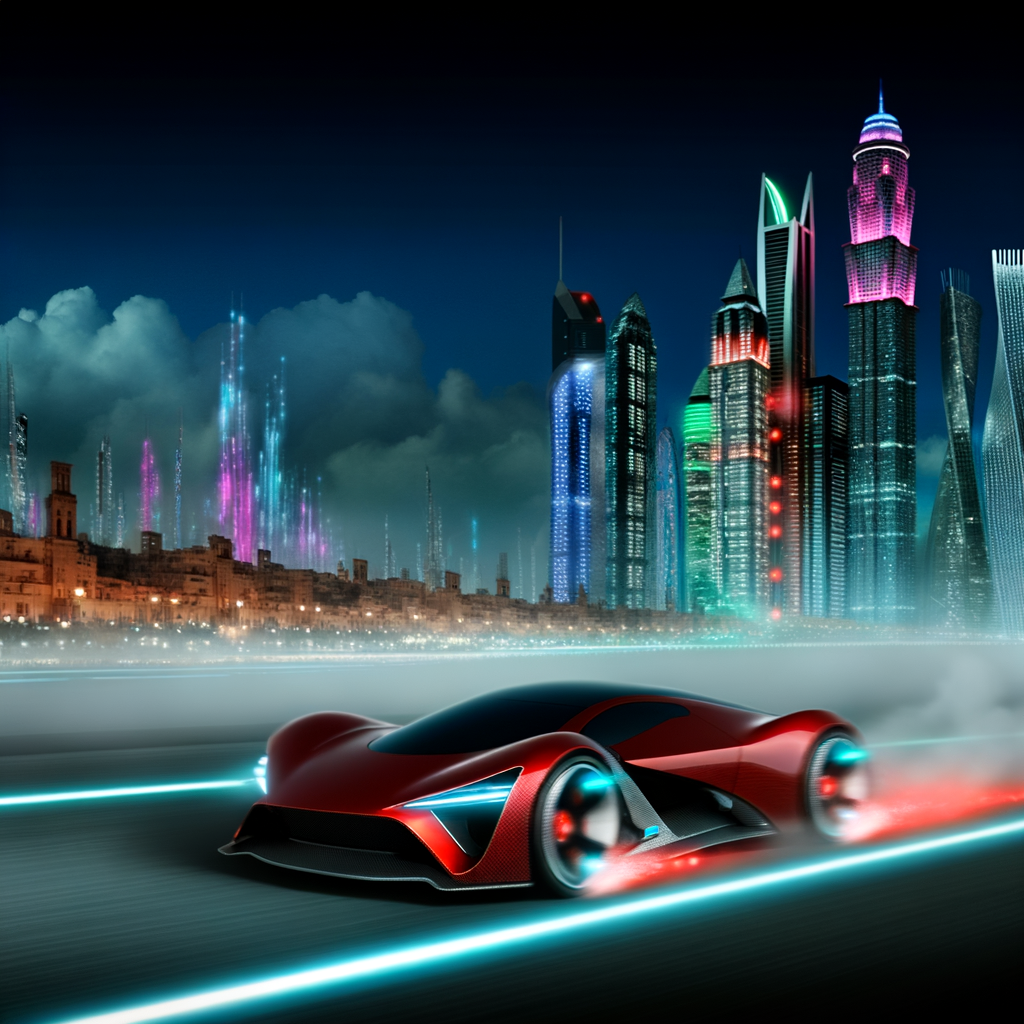 Ferrari hybrid supercar racing through futuristic city.