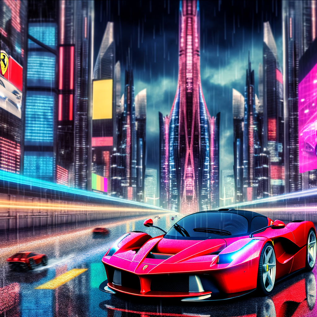 Ferrari supercar gliding through futuristic cityscape.