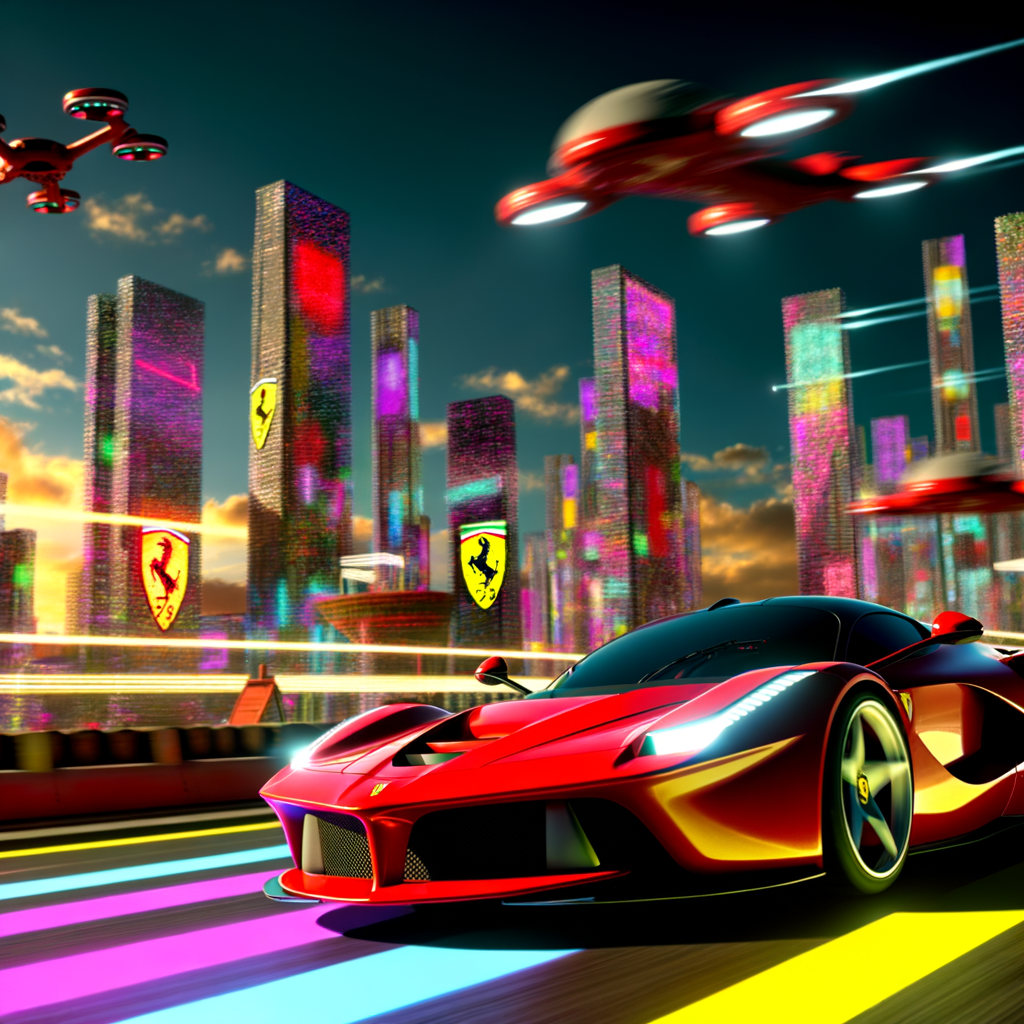 Ferrari supercar gliding through futuristic cityscape.