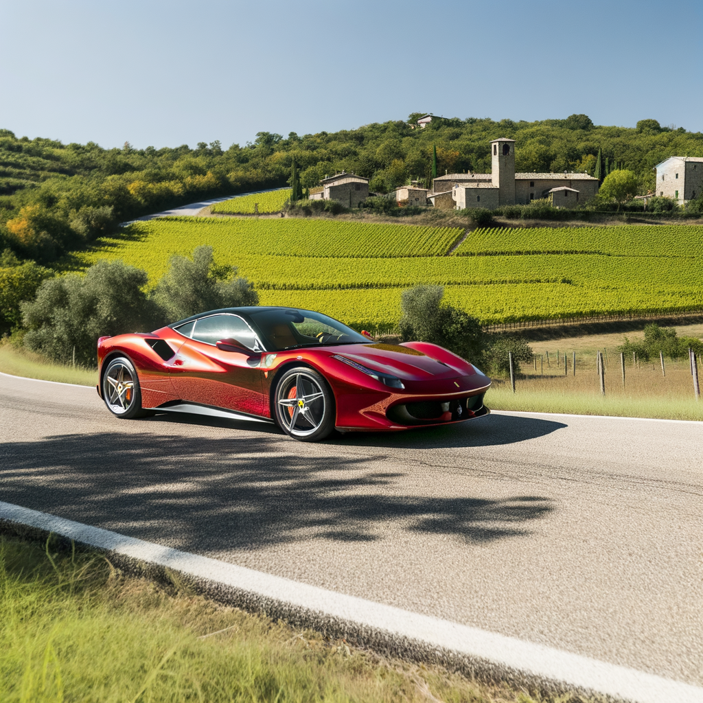 Ferrari supercar gliding through Italian countryside.