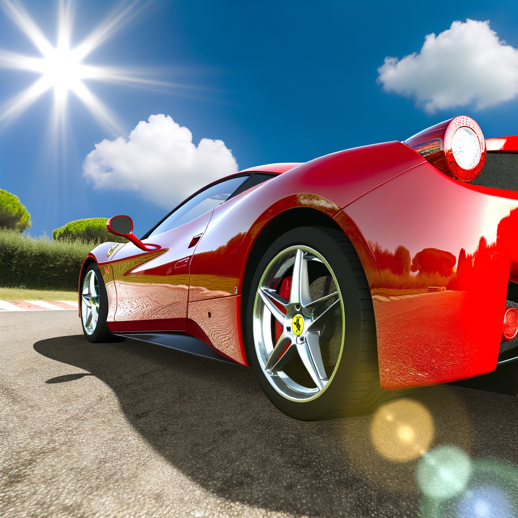 Ferrari supercar glistening under Maranello's sun.
